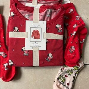 AE 3pc plush snoopy heart matching pj set w/ matching peanut w/ socks- size S/L